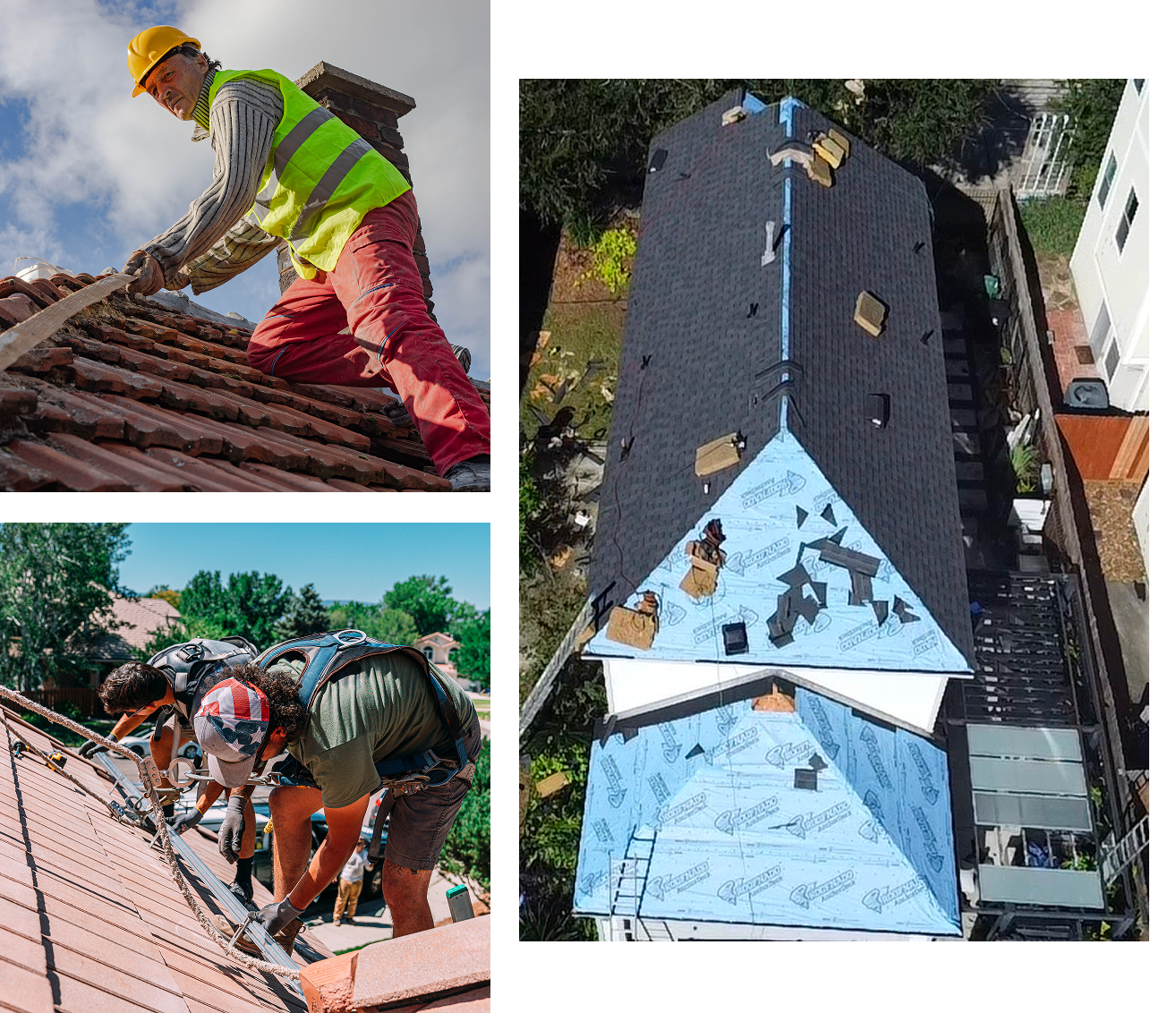 Roof construction workers at different stages